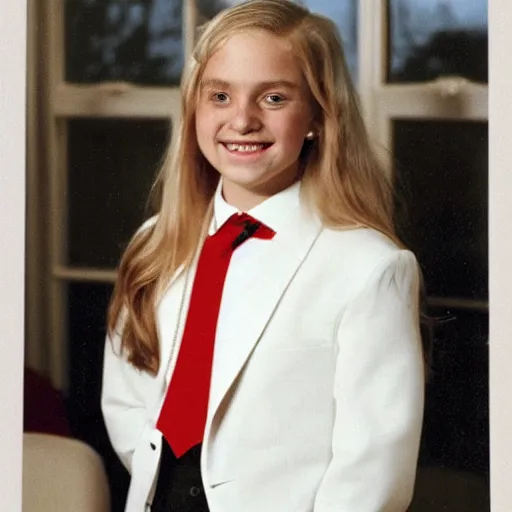 Prompt: A teenage girl cheerleader, long blond hair, standing in the Oval Office, grinning, as president of the united states, wearing a tuxedo and tie, colour photo, 2022, official colour photo portrait