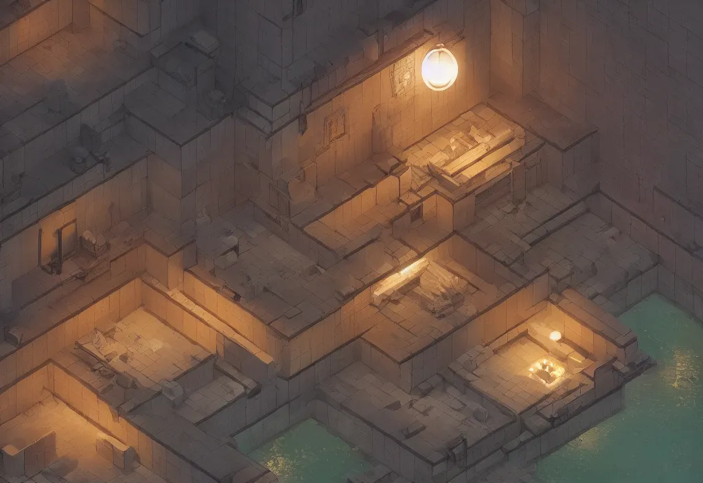 Prompt: isometric magicavoxel Bloodborne japanese bath house no mand sky cinematic lighting, 4k