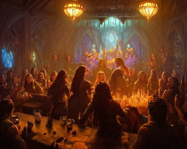 Image similar to photography of blind guardian playing a tavern concert, 8 k, deep focus, d & d, fantasy, intricate, elegant, highly detailed, digital painting, artstation, concept art, matte, sharp focus, illustration, hearthstone, art by artgerm and greg rutkowski and alphonse mucha