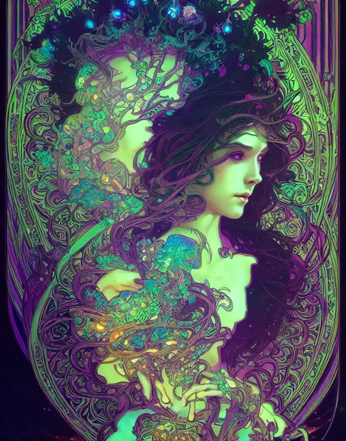 Prompt: psychedelic acid trip, blacklight reactive, fantasy, intricate, elegant, highly detailed, digital painting, artstation, concept art, matte, sharp focus, illustration, art by Artgerm and Greg Rutkowski and Alphonse Mucha