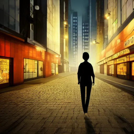 Image similar to a blonde man with a ponytail wearing black clothes wanders through a city at night, anime, 4k