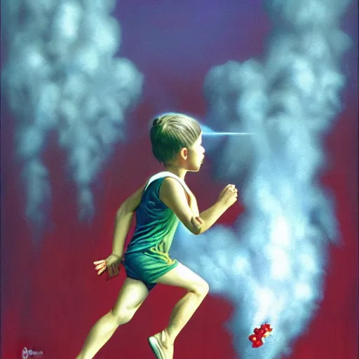 Image similar to a running child turning into vapor, mist, smoke, blood, scissors in hand, a detailed matte painting by Jason Edmiston, John Philip Falter