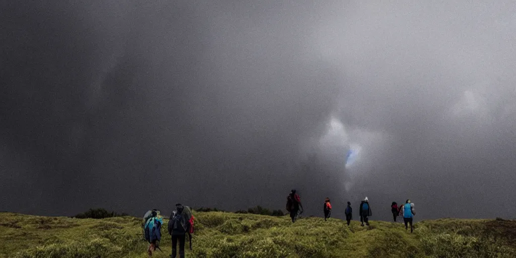 Image similar to A hiking group walking up to a giant black cloud, horror movie cinematic, rain stormy fog, terrifying nightmare