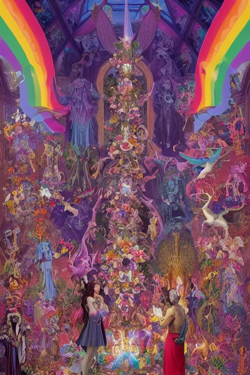 Image similar to an architectural rendering of the interior of the lisa frank church of satan, with leopard print tapestries and rainbow unicorn statuaries, gothic, highly detailed, digital painting, crown of skulls, artstation, smooth, sharp focus, illustration, art by artgerm and greg rutkowski and alphonse mucha and william - adolphe bouguereau