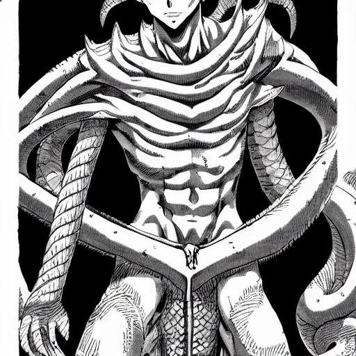 Prompt: a male anime character, naga, serpent body, kentaro miura art style