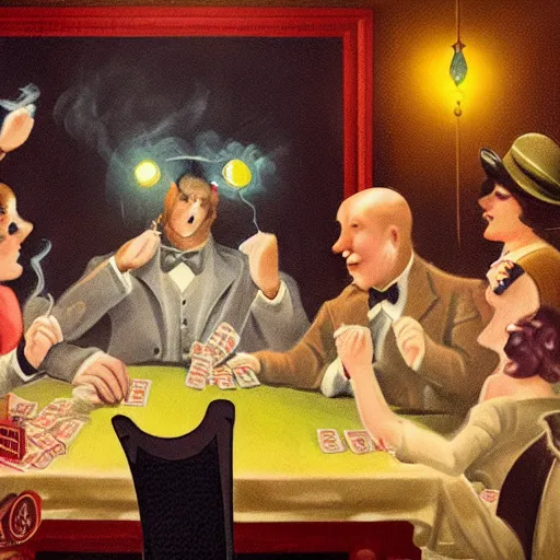 Image similar to fat cats gambling at a table with a single light overhead, dark room, smoke fills the room, roaring 2 0 s american art style