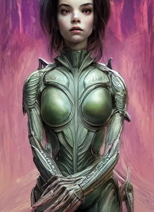 Image similar to a professional painting of a beautiful young female alien, clothed in ethereal armor, olive skin, long dark hair, beautiful bone structure, symmetrical facial features, intricate, elegant, digital painting, concept art, smooth, sharp focus, illustration, from Valerian and the City of a Thousand Planets, by Ruan Jia and Mandy Jurgens and Artgerm and William-Adolphe Bouguerea