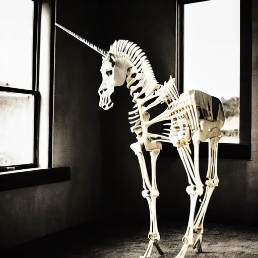 Prompt: a photograph of a unicorn horse skeleton skeleton standing next to an open window, dramatic lighting, cinematic