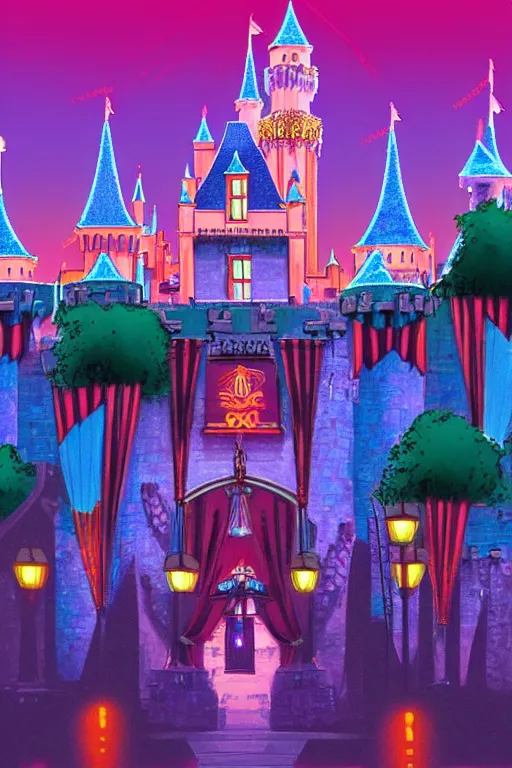 Image similar to concept art of disneyland castle, synthwave, sunset, fireworks, neon