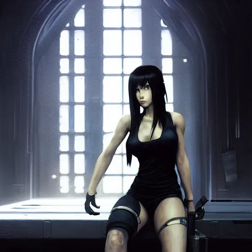 Image similar to Portrait of Tifa Lockhart by Greg Rutkowski. She is hiding from a Shinra robot in the Reactor Core by Mark Arian. It is dark and stark and industrial by H.R. Giger. soft render, octane, highly detailed painting by Moebius. artstation Blank Canvas Scene by Tetsuya Nomura.