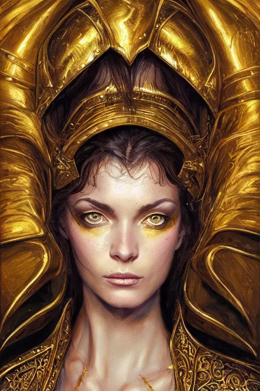 Image similar to high quality extremely detailed closeup portrait of a young gorgeous female warlock looking away from the camera wearing very reflective golden armor, detailed eyes, sparkle in eyes, no hands visible, fantasy, d & d, intricate, painting by lucian freud and mark brooks, hd