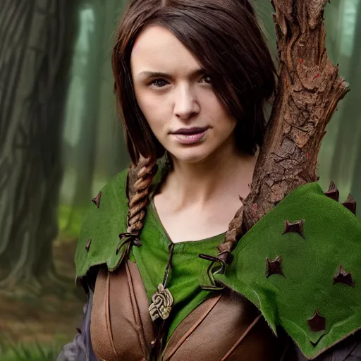 Image similar to anya charlota as a medieval fantasy wood elf, dark purplish hair tucked behind ears, wearing a green tunic with a fur lined collar and brown leather armor, stocky, muscular build, scar across nose, one black, scaled arm, cinematic, character art, digital art, forest background, realistic. 4 k