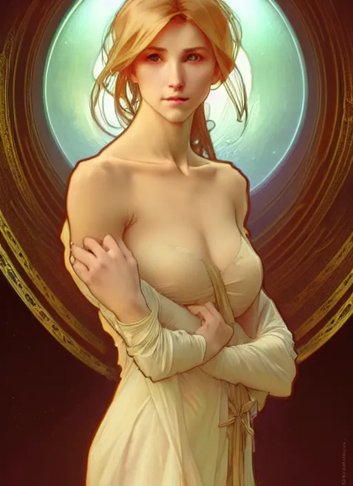 Prompt: a digital concept art by artgerm and greg rutkowski and alphonse mucha. clear portrait of a young wife blessed by god to uncontrollably become overwhelmingly perfect!! blonde, clothed, holy body!! light effect. hyper detailed, character concept, glowing lights!! intricate, elegant, digital painting, artstation, smooth, sharp focus