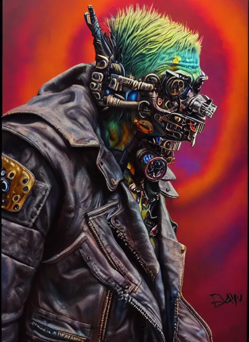 Prompt: an apocalyptic scifi orcish biker character, fashionable standing pose, professional photo, psychedelic vibrant colors, futuristic punk rock fashion, highly detailed oil painting by michael whelan art, perfect face, sharp focus, detailed eyes, realistic, leather jacket, 8 k, michael whelan art