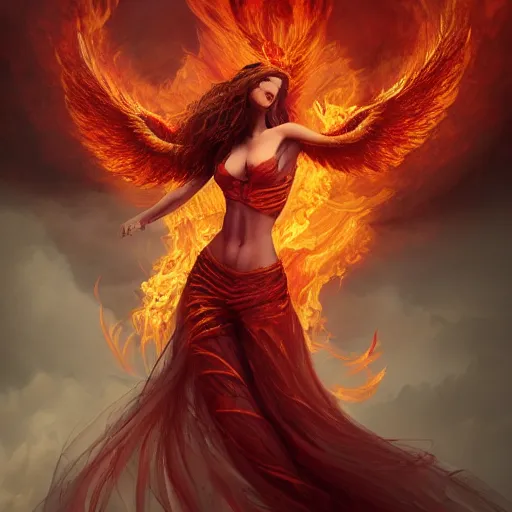 Prompt: detailed portrait of a fiery phoenix woman rising from fire spreading her wings with fiery marks all across her body, magically, magic, fire, realism, ruby, sunlit, dark fantasy, dramatic lighting, cgsociety, artstation