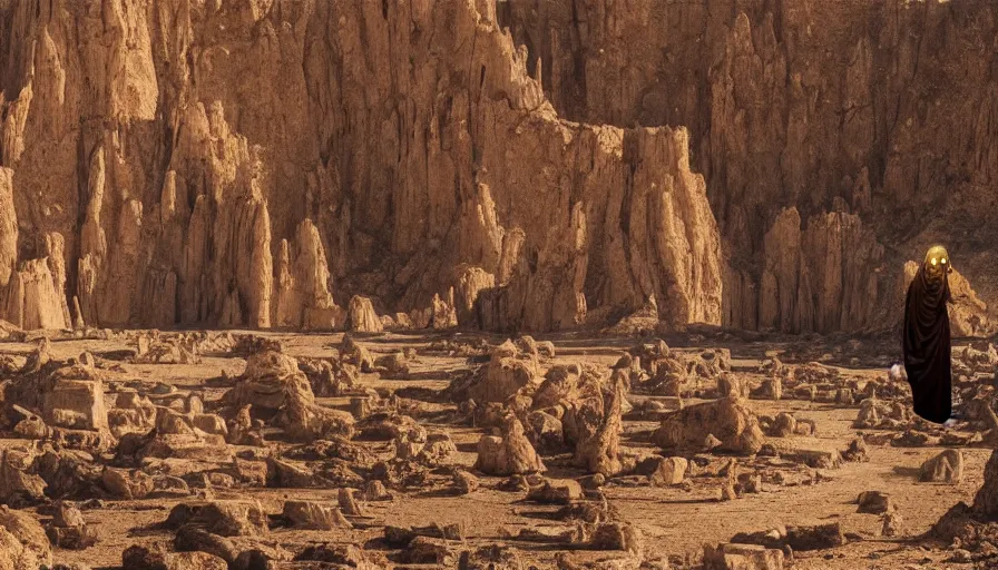 Prompt: levitating bene gesserit with full - face glowing golden mask in a dry rocky desert landscape, ultradetailed alien ruins designed by giger, giant abandoned alien city by alejandro jodorowsky, anamorphic lens, kodakchrome, practical effects, masterpiece, 8 k