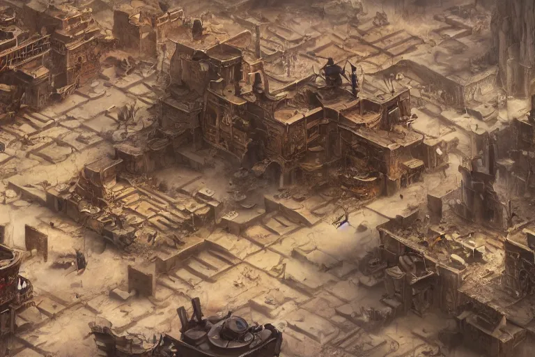 Image similar to an intricate matte painting of top down wild west city in desert rpg battle map,very clear image, no blur, by Christophe Vacher and Bastien Lecouffe-Deharme, trending on artstation