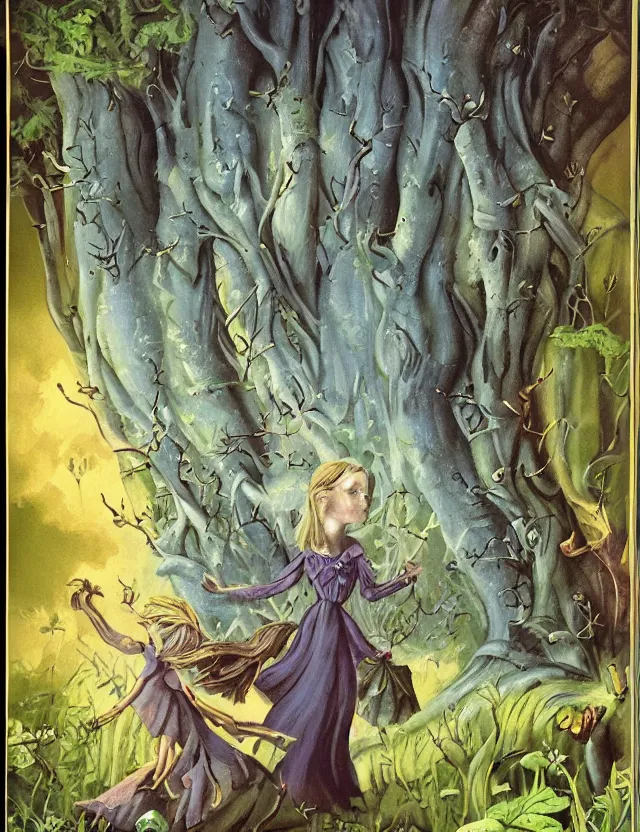 Prompt: witch of the lichen woods. this air brush painting by the beloved children's book illustrator has an interesting color scheme, plenty of details and impeccable lighting.