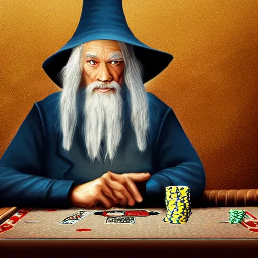 Prompt: gandalf playing poker, casino, highly detailed, digital art - 1 5 0