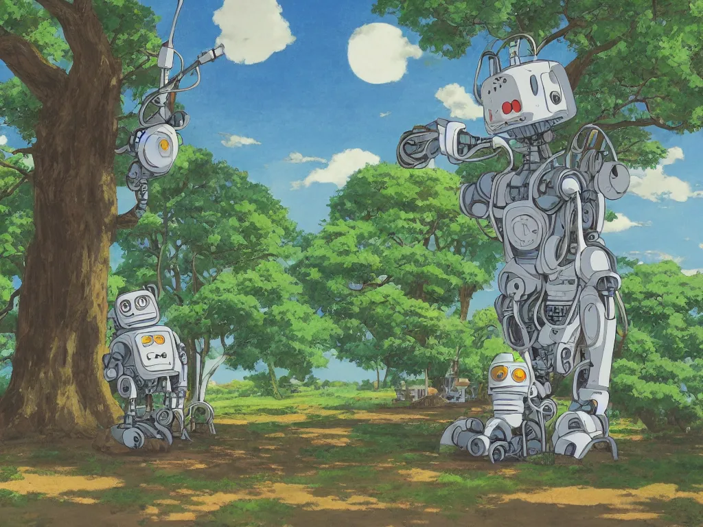 Image similar to painting of a robot sitting under a tree, in the style of Studio Ghibli, by Hayao Miyazaki