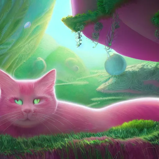 Prompt: pink cat in a utopia where plants became sentient beings and created machines to eliminate all earth turns, digital Painting, artstation, ultradetailed