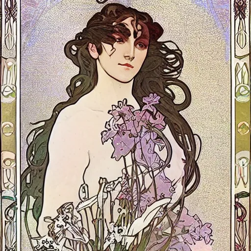 Prompt: art nouveau painting by Alphonse Mucha of Dream of the Endless from Sandman framed by white flowers. Soft, muted colors, dreamy aesthetic.