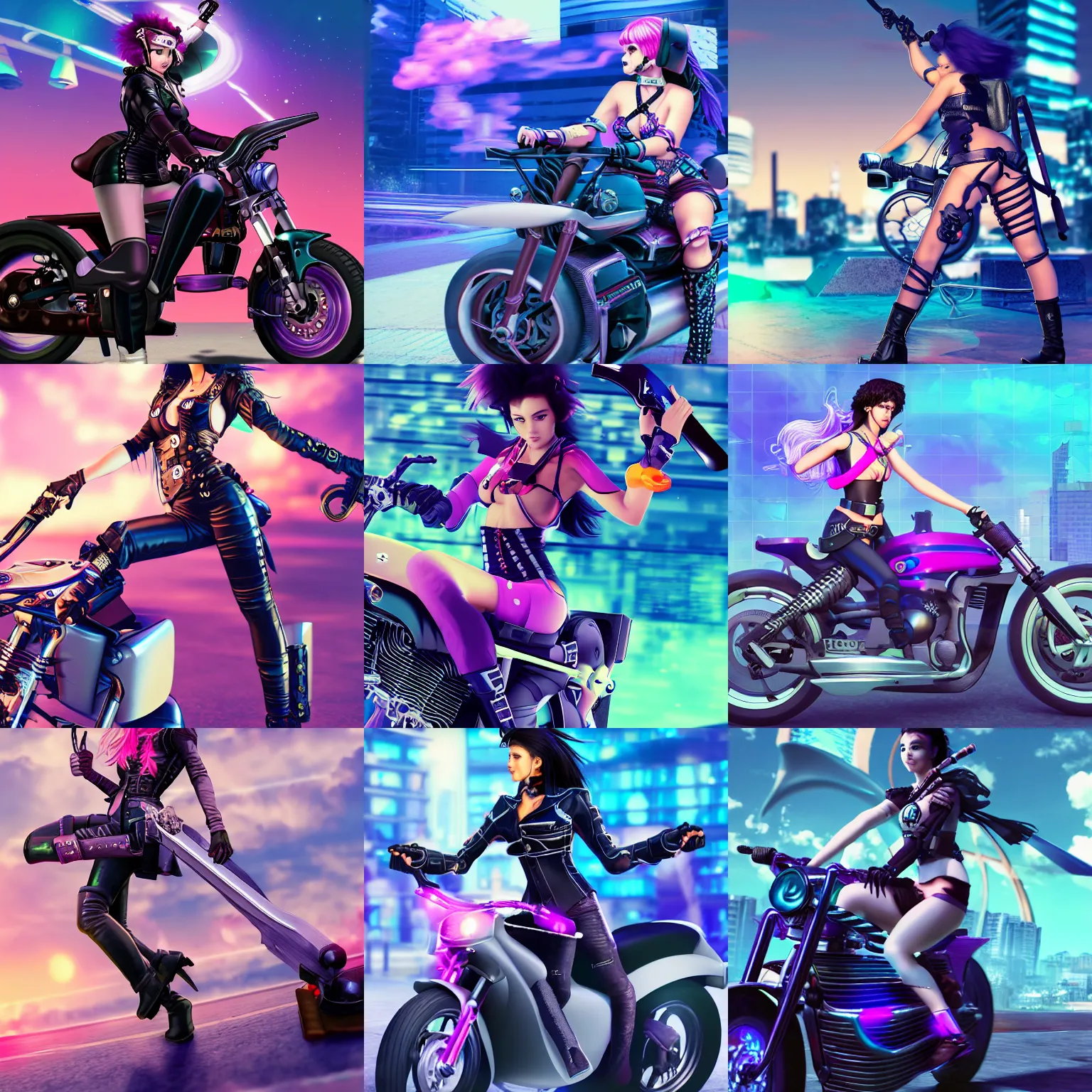 Prompt: Photograph of a beautiful pirate catgirl with a sword and luger pistol riding a futuristic motorbike. Vaporwave. Cyberpunk. 8k.