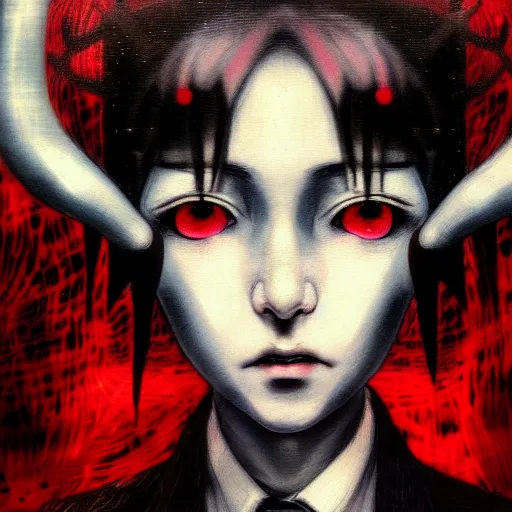 Image similar to yoshitaka amano blurred and dreamy realistic three quarter angle horror portrait of a sinister young woman with short hair, horns and red eyes wearing office suit with tie, junji ito abstract patterns in the background, satoshi kon anime, noisy film grain effect, highly detailed, renaissance oil painting, weird portrait angle, blurred lost edges