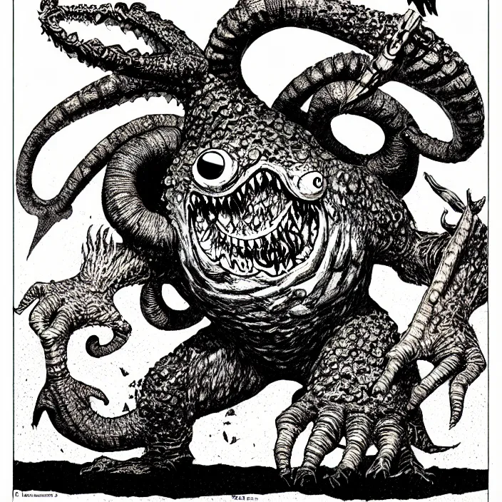 Image similar to an octorok spitting rocks, as a d & d monster, pen - and - ink illustration, etching, by russ nicholson, david a trampier, larry elmore, 1 9 8 1, hq scan, intricate details, high contrast