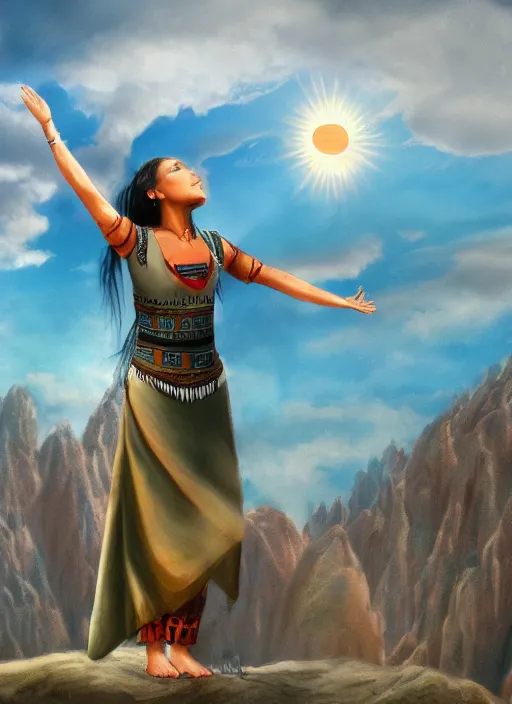 Prompt: indigenous woman starring at the sky, with arms up, praying at the sun, matte painting, fantasy art