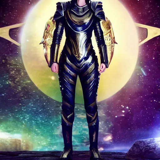 Prompt: full body photo of alexandra daddario as a warrior with galaxy coloured armour