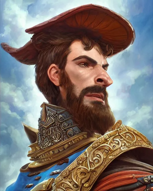 Image similar to ultrarealistic illustration of a pompous spanish conquistador by filipe pagliuso and justin gerard, symmetric, detailed, intricate, anatomy, facial features, digital painting, treasure planet color scheme, masterpiece, sharp focus