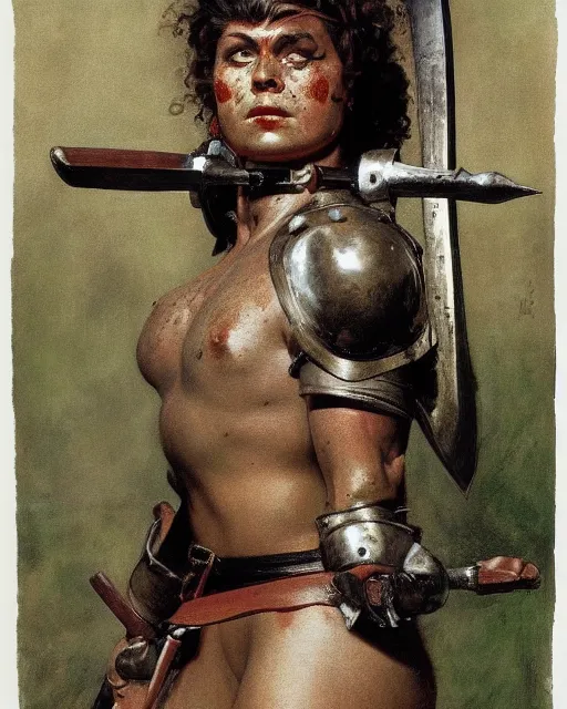 Image similar to portrait of a savage muscular barbarian female with light leather armor, by norman rockwell