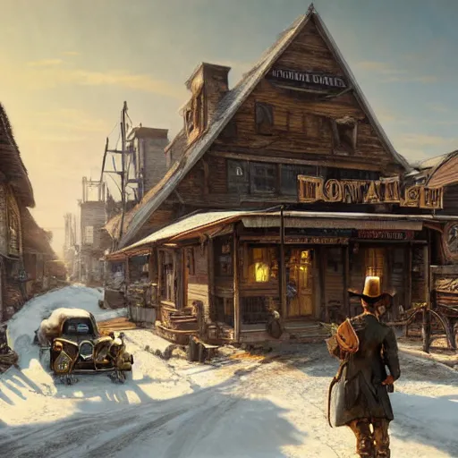 Image similar to painting of an wildwest town, snow, ultra realistic, concept art, intricate details, eerie, highly detailed, fallout, wasteland, photorealistic, octane render, 8 k, unreal engine 5. art by artgerm and greg rutkowski and alphonse mucha