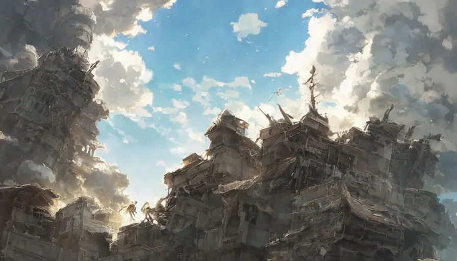 Image similar to a apocalyptic city ruin, fluffy white clouds in the blue sky on a beautiful windy day, trending on pixiv fanbox, painted by takashi takeuchi greg rutkowski makoto shinkai takashi takeuchi studio ghibli