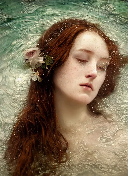 Image similar to portrait photography of a beautiful woman how pre-Raphaelites by Giovanni Gastel britt marling style 3/4with her eyes closed,inspired by Ophelia Millais Paint , the face emerges from water of Pamukkale, underwater face, the hair are intricate with highly detailed realistic beautiful brunches and flowers like crown, anatomical real full body dressed ethereal lace dress floating in water surface , Kodak Portra 400, 8K, soft light, volumetric lighting, highly detailed, britt marling style 3/4 ,, Refined, Highly Detailed, outdoor soft pastel lighting colors scheme, outdoor fine art photography, Hyper realistic, photo realistic