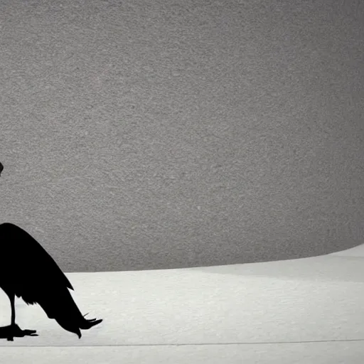 Prompt: a giant crow with a round body short legs and large black beak sitting in a black stone obelisk, photorealistic computer animation, film by Jon Favreau