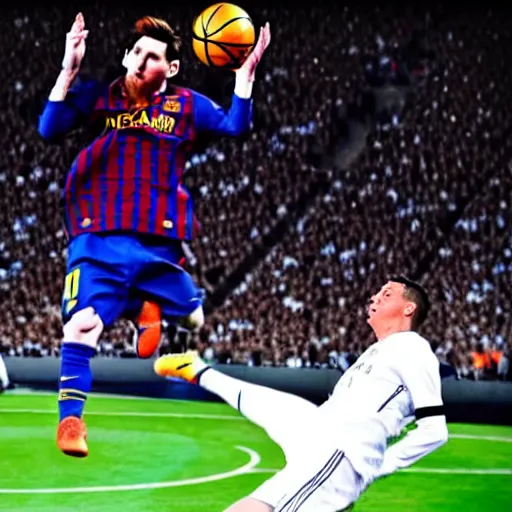 Image similar to Messi dunking on Ronaldo,