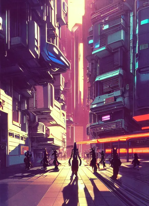 Image similar to photo of cyberpunk school, scifi, bright light, busy street, morning sun, interesting angle, 8 k high definition, insanely detailed, art by syd mead and masamune shirow