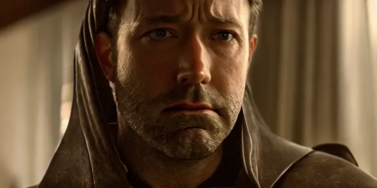 Prompt: still frame from a movie, close up of an relieved ben affleck in a 15th century knight suit, centerframe, medieval background, rule of third, alexa 65, cooke prime 85mm, cinematic, film grain, flare