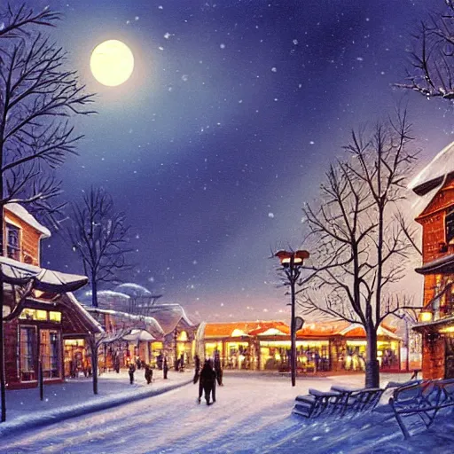 Image similar to winter town centre inspired by Evgeny Lushpin, Peter Zumthor,bus,people walking winter sunset,full moon,p