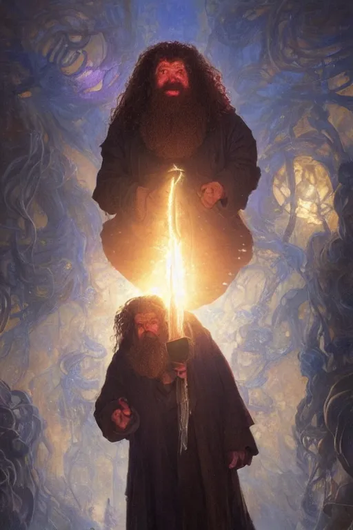 Image similar to hagrid as doctor who, radiant light, caustics, heroic, bright iridescent light, by gaston bussiere, bayard wu, greg rutkowski, maxim verehin bloom dramatic lighting