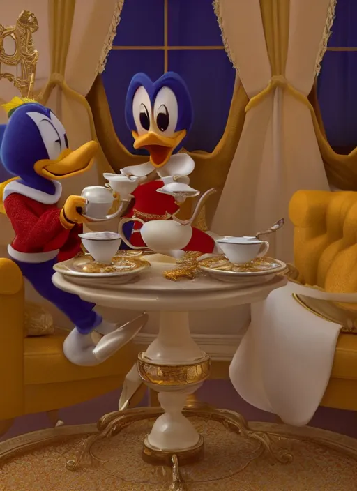 Image similar to cinderalla and donald duck having tea at the ritz, octane render, cinematic, elegant, intricate, 8 k