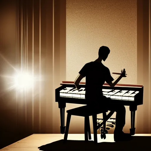 Image similar to a nerd playing the piano, visible music notes in the air, dreamlike, mysterious, professional, realistic