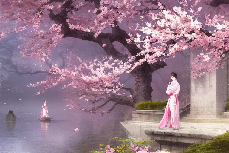 Prompt: a beautiful picture of sakura in full bloom, palace ， a girl in hanfu, by greg rutkowski and thomas kinkade, photorealistic, epic art, ninja, trending on artstation