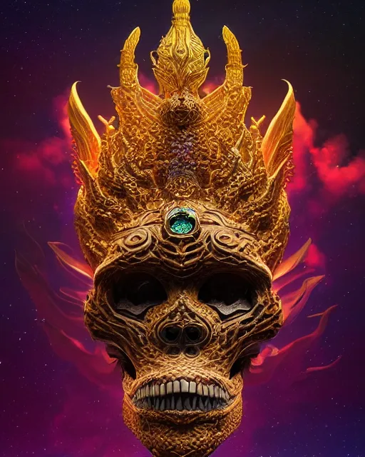 Image similar to 3 d ornate carved dark cosmic king with profile portrait, sigma 5 0 0 mm f / 5. beautiful intricate highly detailed quetzalcoatl skull. bioluminescent, plasma, lava, ice, water, wind, creature, thunderstorm! artwork by tooth wu and wlop and beeple and greg rutkowski, 8 k trending on artstation