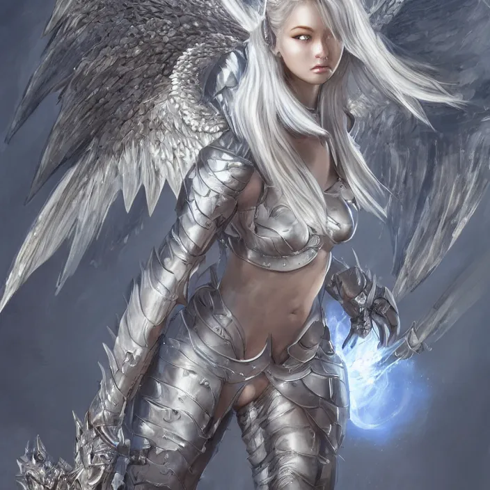 Image similar to A female angel with a shinny armour and Big Wings ,D&D, fantasy, highly detailed, digital art, artstation, smooth, sharp focus, fantasy illustration, art by Peter Tang and artgem and Alina Ivanchenko and Hirokazu Yokohara and Kago Shintaro