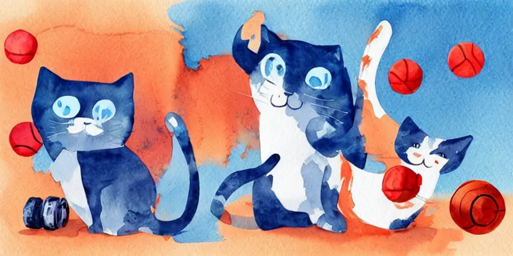 Image similar to watercolor illustration style, cute! cats!! training in the fitness studio with sports equipment!