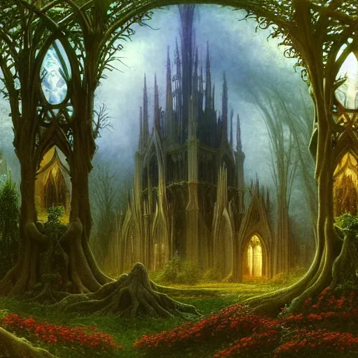 Prompt: a beautiful and highly detailed matte painting of an elven cathedral in a mystical celtic forest, alien trees and plants and flowers, twisted spires, wide angle, by caspar friedrich, albert bierstadt, james gurney, brian froud,