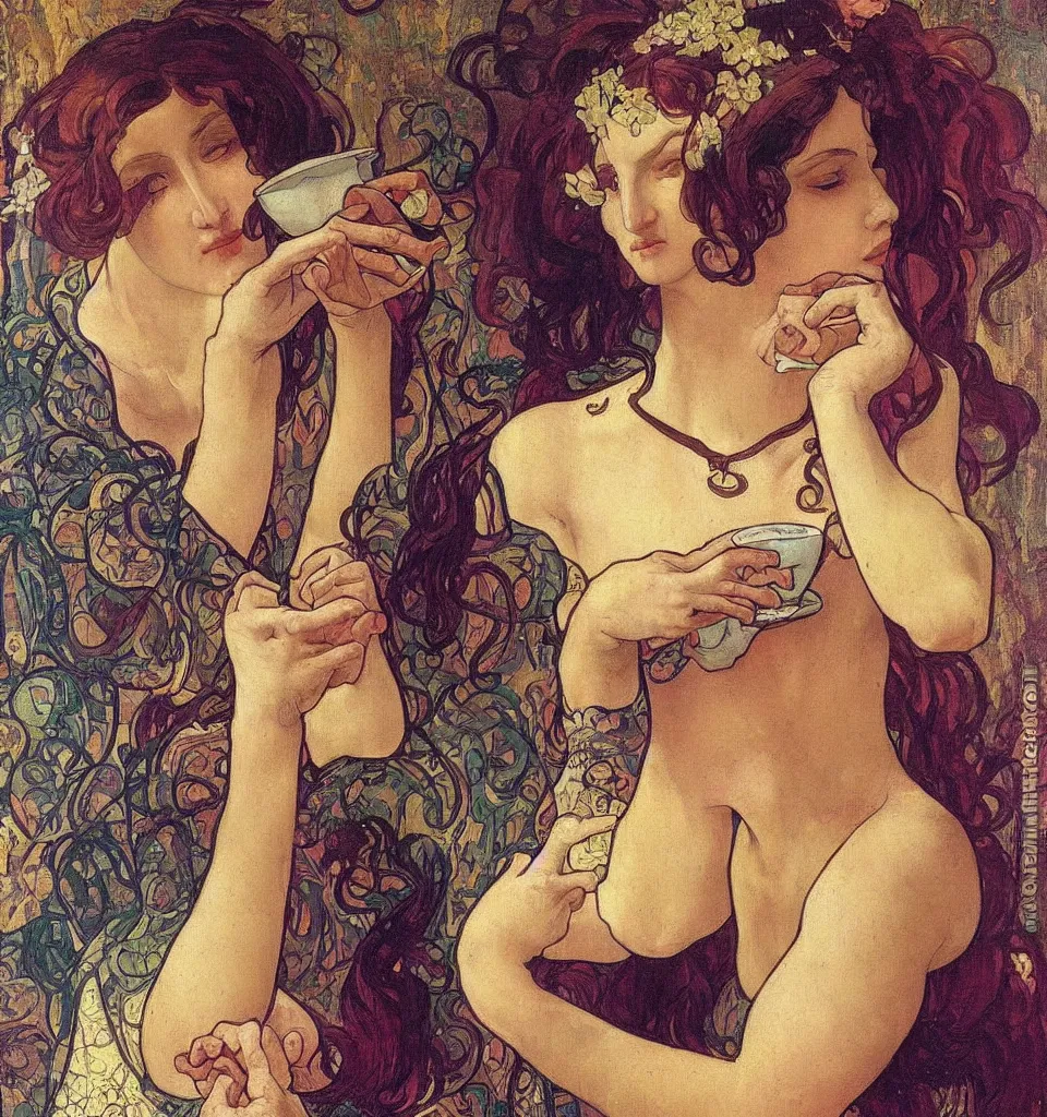 Image similar to a beautiful arrogant surreal greek lady drinking tea looking disdained, rennaisance painting, whimsical, pastel color palette, by leonardo da vinci and alphonse mucha